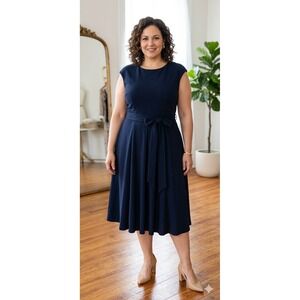 Dress Tells Fit and Flare Dress Women XL Navy Blue Belted Cap Sleeve Midi Retro